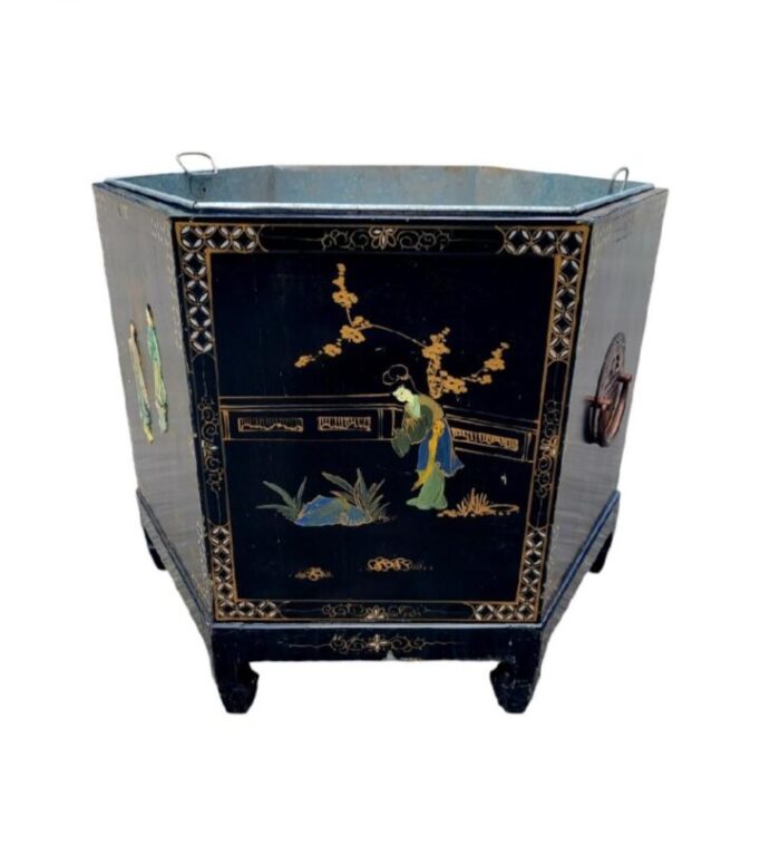 monumental vintage chinoiserie hexagon asian black lacquered ming mother of pearl pagoda planter pot 5229