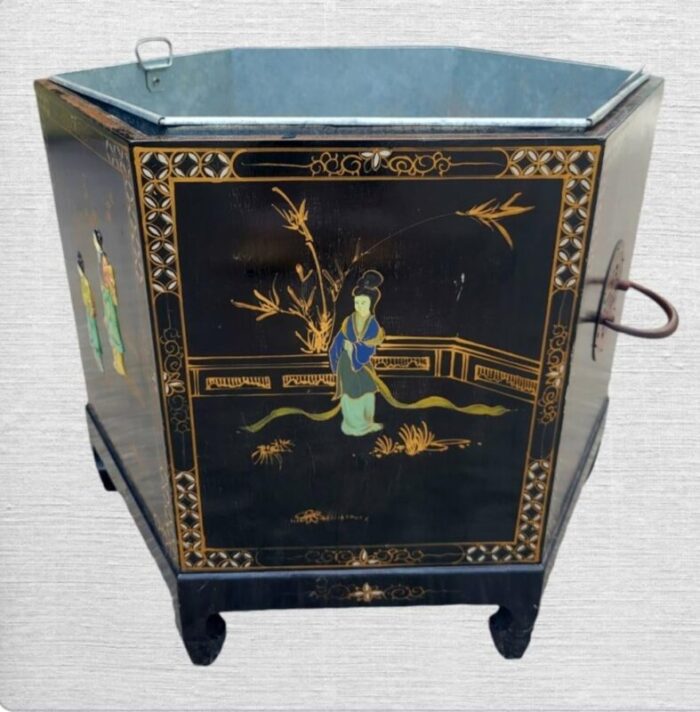 monumental vintage chinoiserie hexagon asian black lacquered ming mother of pearl pagoda planter pot 8082