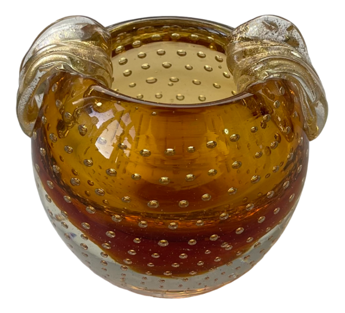 murano glass peach dish with air bubbles and gold foliage 1950s 9901