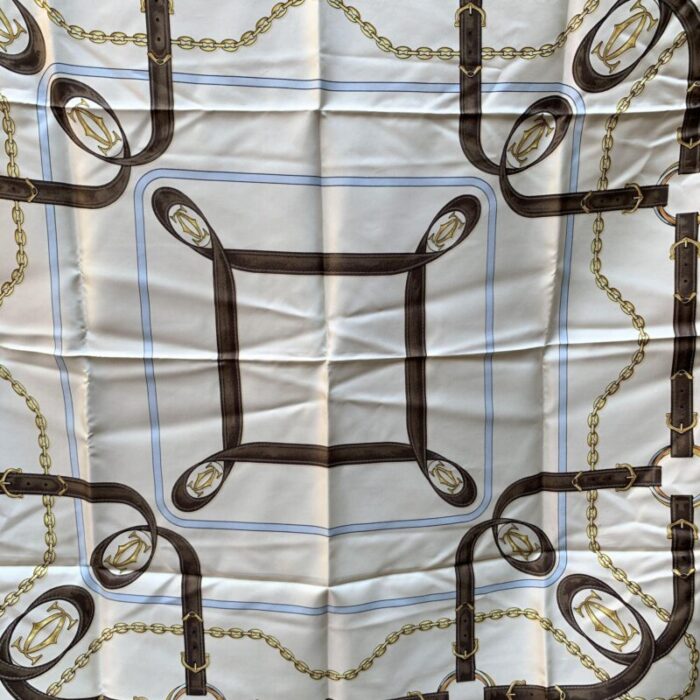 must de cartier white and brown border equestrian silk scarf 0560