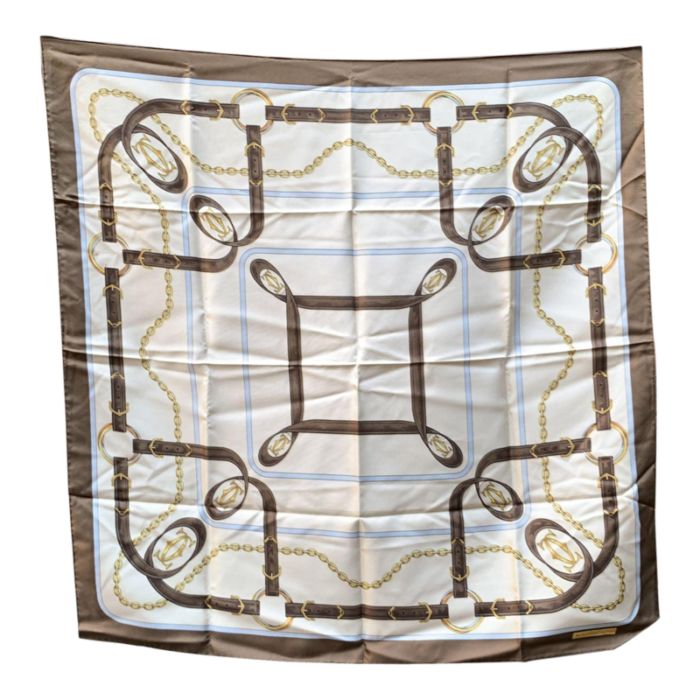 must de cartier white and brown border equestrian silk scarf 2707