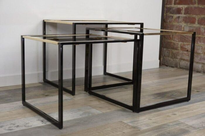 nesting tables in black with gold plated metal foot 1970s set of 3 4003