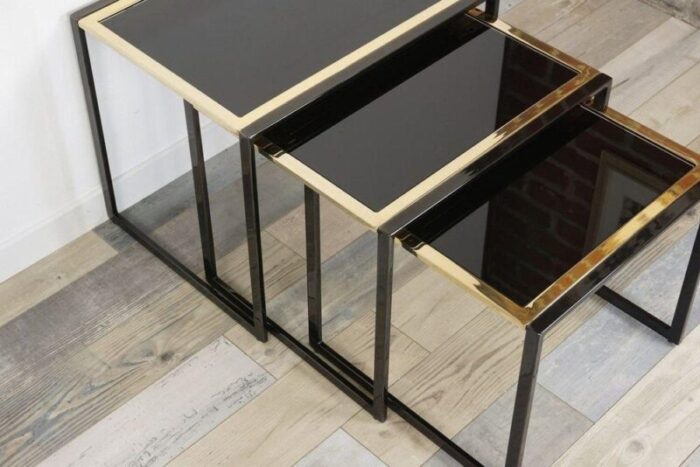 nesting tables in black with gold plated metal foot 1970s set of 3 4386