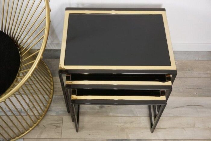 nesting tables in black with gold plated metal foot 1970s set of 3 8225