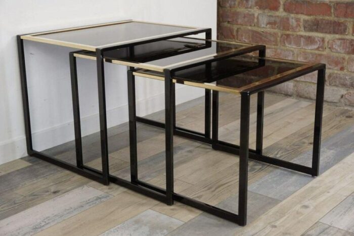 nesting tables in black with gold plated metal foot 1970s set of 3 9549