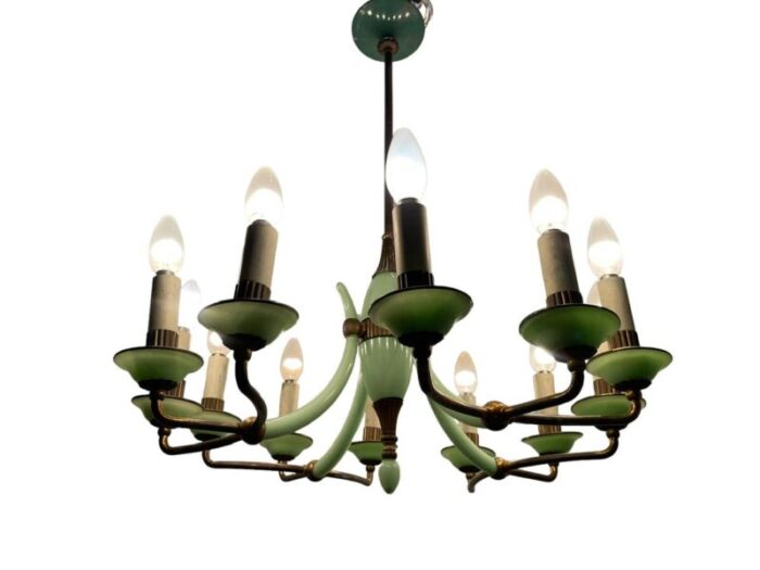 opaline glass bronze chandelier 1950s 0019