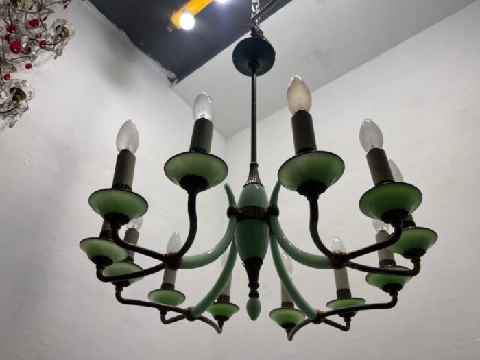 opaline glass bronze chandelier 1950s 4661