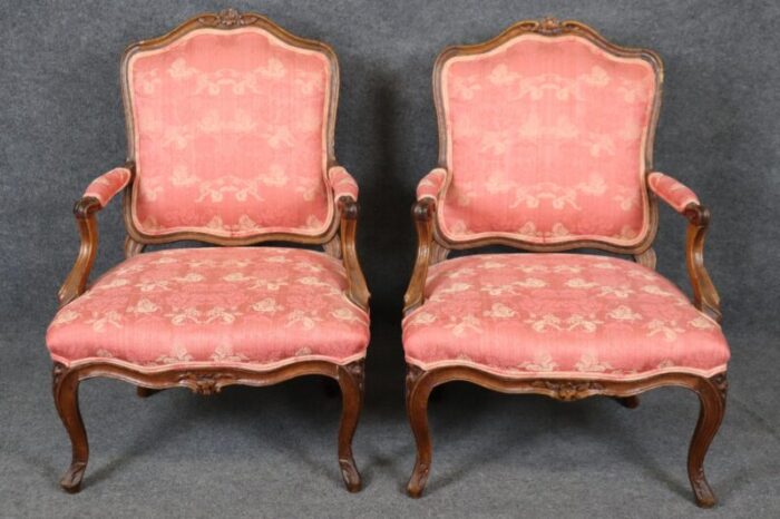 pair antique 1850s era french louis xv style armchairs with griffon upholstery 7051