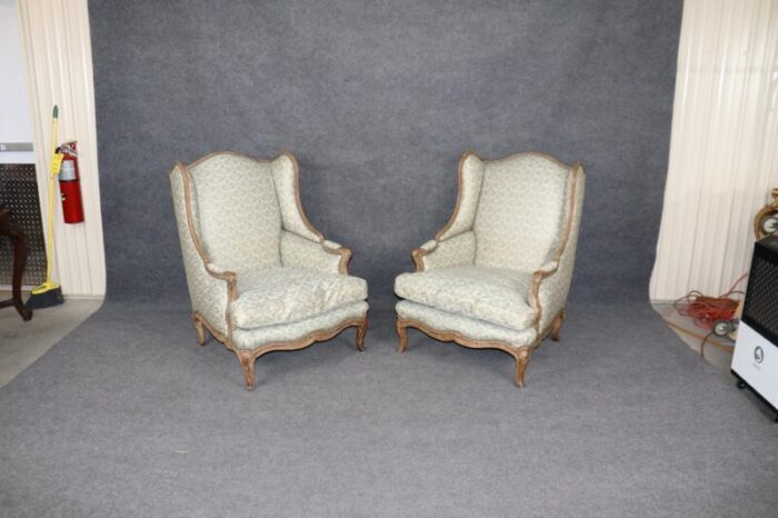 pair antique 1890s era french louis xv style wingback chairs nailhead trim 0419