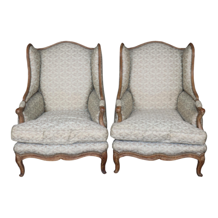 pair antique 1890s era french louis xv style wingback chairs nailhead trim 7841