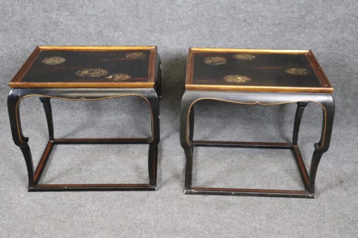 pair chinoiserie black and gold lacquered end tables painted mythical animals 0944