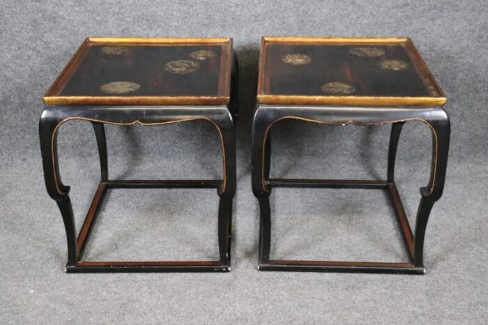 pair chinoiserie black and gold lacquered end tables painted mythical animals 3506