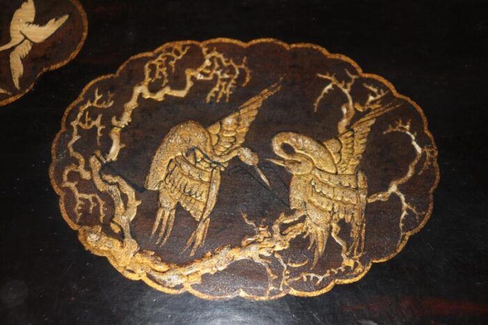 pair chinoiserie black and gold lacquered end tables painted mythical animals 5001