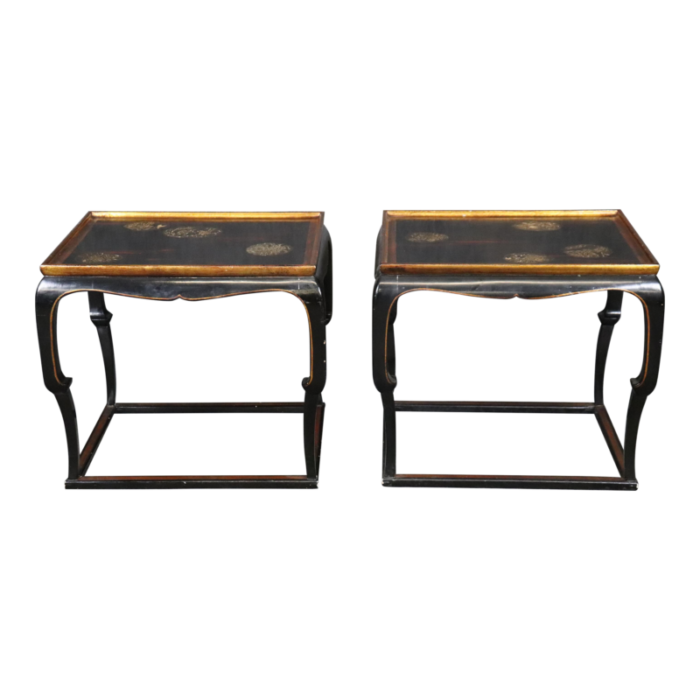 pair chinoiserie black and gold lacquered end tables painted mythical animals 9610