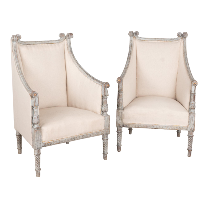 pair gray painted gustavian style armchairs sweden circa 1900 7347