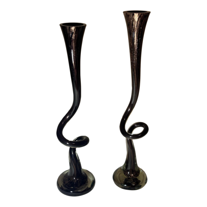 pair of 1970s black gold aventurine murano glass spiral stem trumpet vase 5689