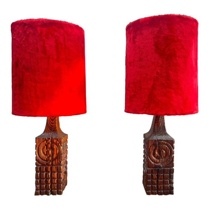 pair of 1970s william westerhaver witco carved burnt cedar column table lamps 8872