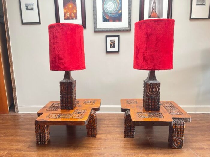 pair of 1970s william westerhaver witco carved burnt cedar column table lamps 9109