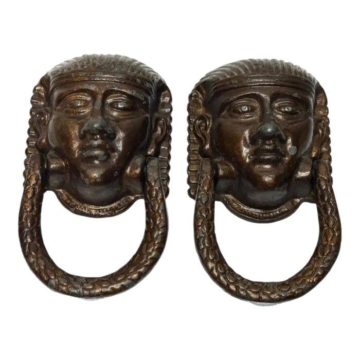 pair of 19th century egyptian sphinx mask exterior front door knockers 0014