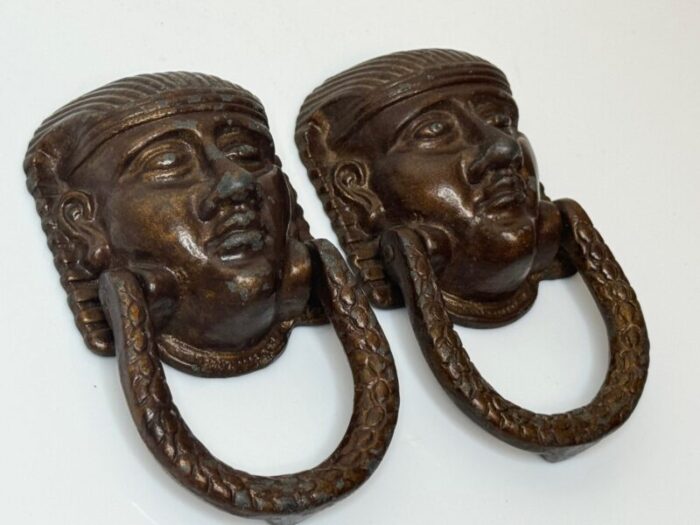 pair of 19th century egyptian sphinx mask exterior front door knockers 7473