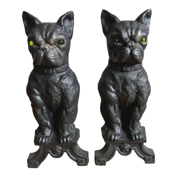 pair of early 20th century cast iron french bulldog andirons with green glass eyes 1508