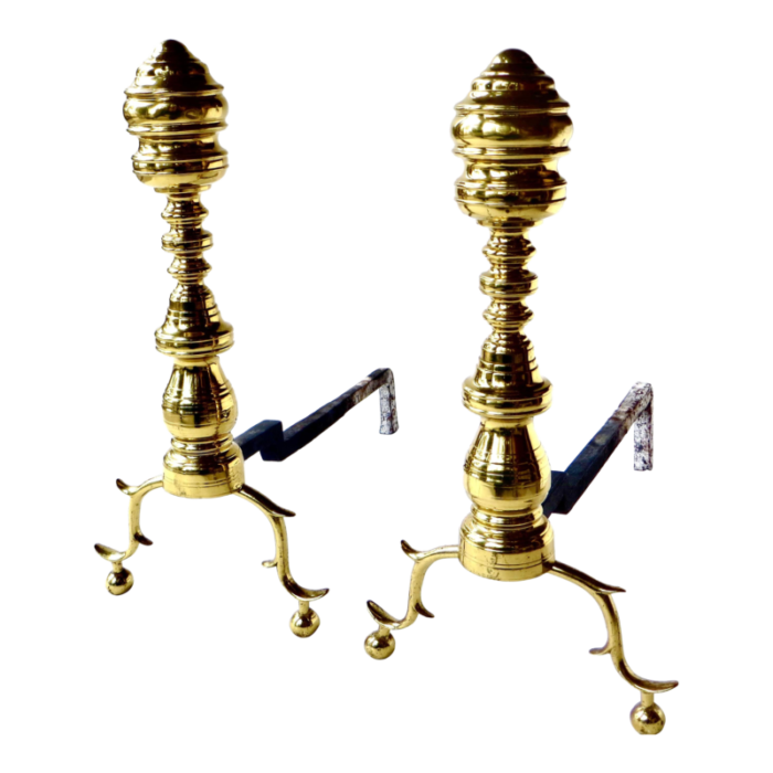 pair of early victorian fireplace brass andirons american circa 1850 4387