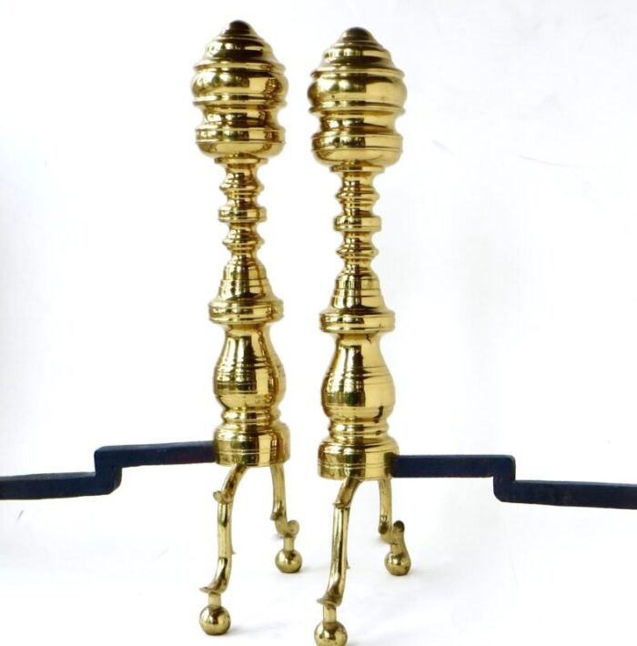 pair of early victorian fireplace brass andirons american circa 1850 6749