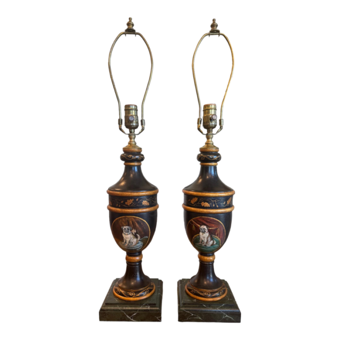 pair of late 20th century hand painted lamps with pug portraits 4610