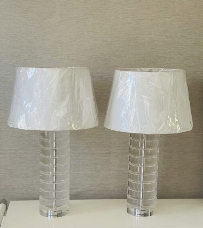 pair of mid century lucite disks lamps karl springer attributed 8145