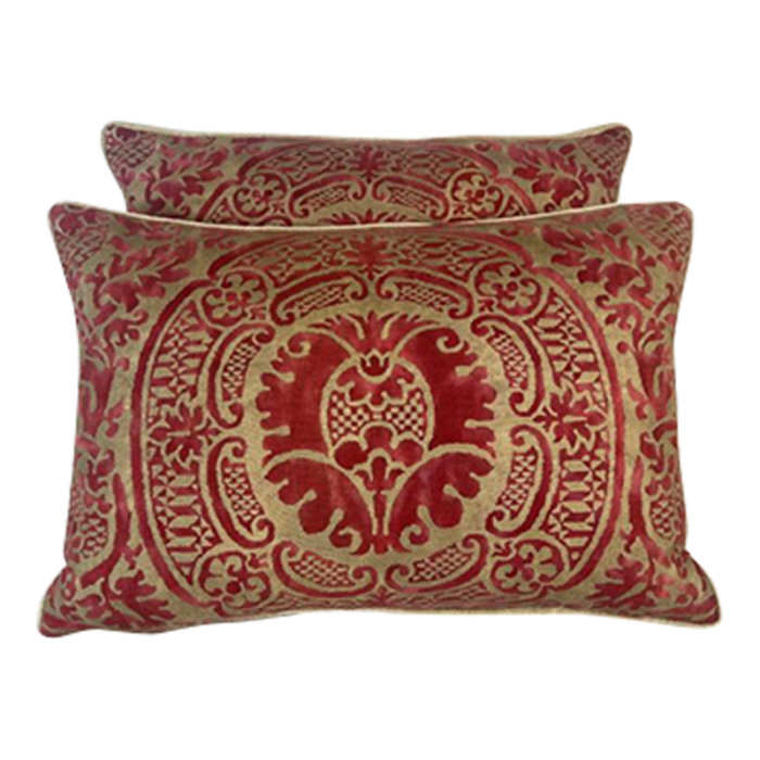 pair of orsini patterned fortuny textile pillows w velvet backs 0962