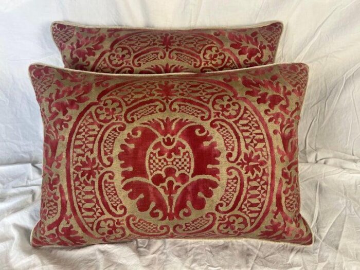 pair of orsini patterned fortuny textile pillows w velvet backs 7219