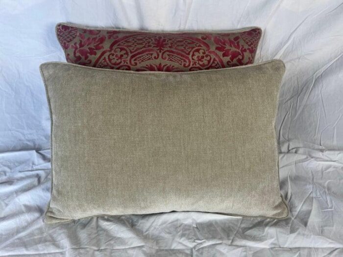 pair of orsini patterned fortuny textile pillows w velvet backs 9365