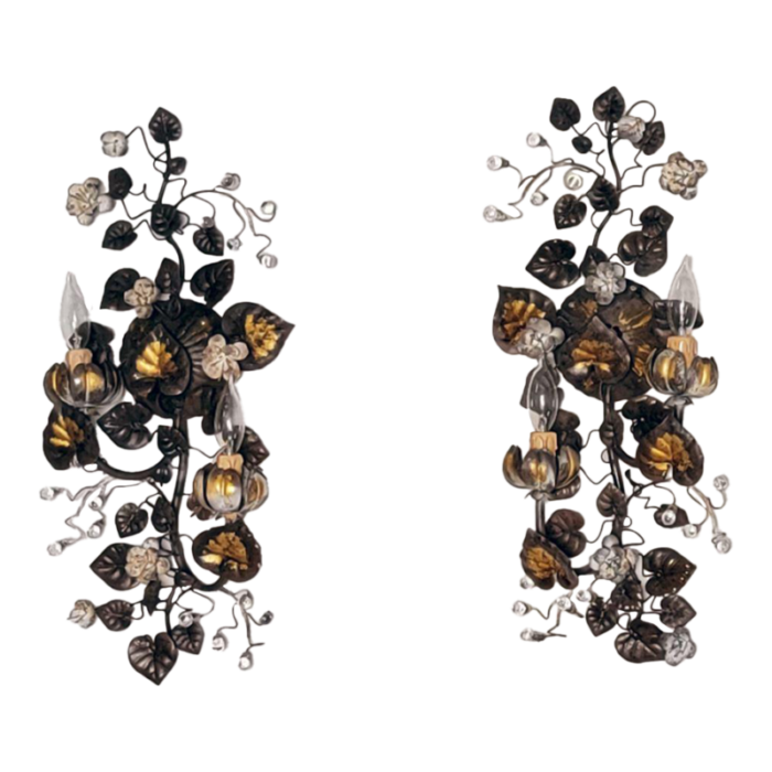 pair of two light wall lamp made from wrought iron hand painted with clear murano glass handcrafted in italy by mechini 2290