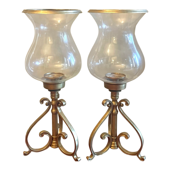 pair of vintage castilian hand blown glass hurricanes and solid brass scrolled base candle holders 9183