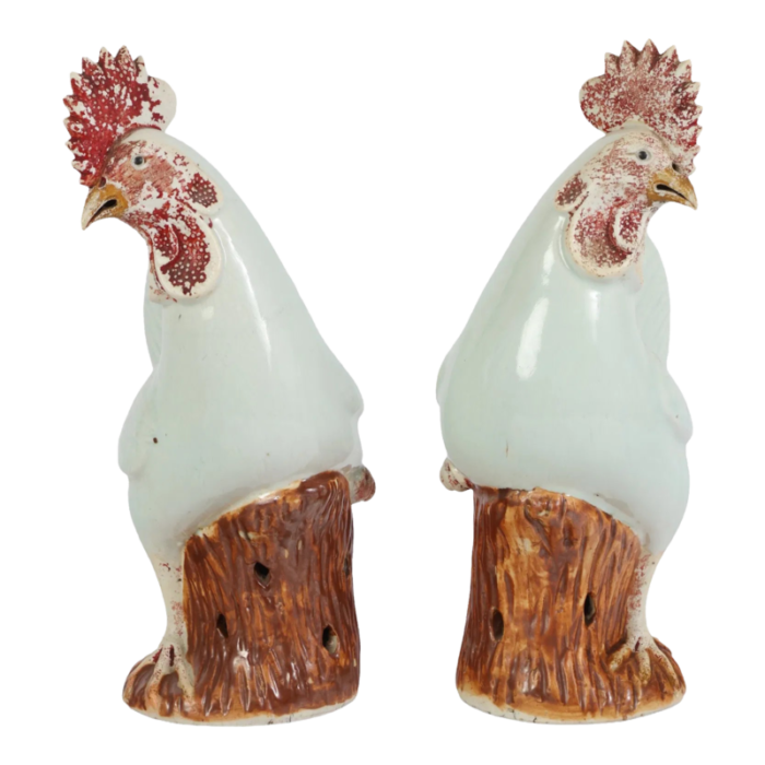 pair of vintage porcelain rooster statues 7763