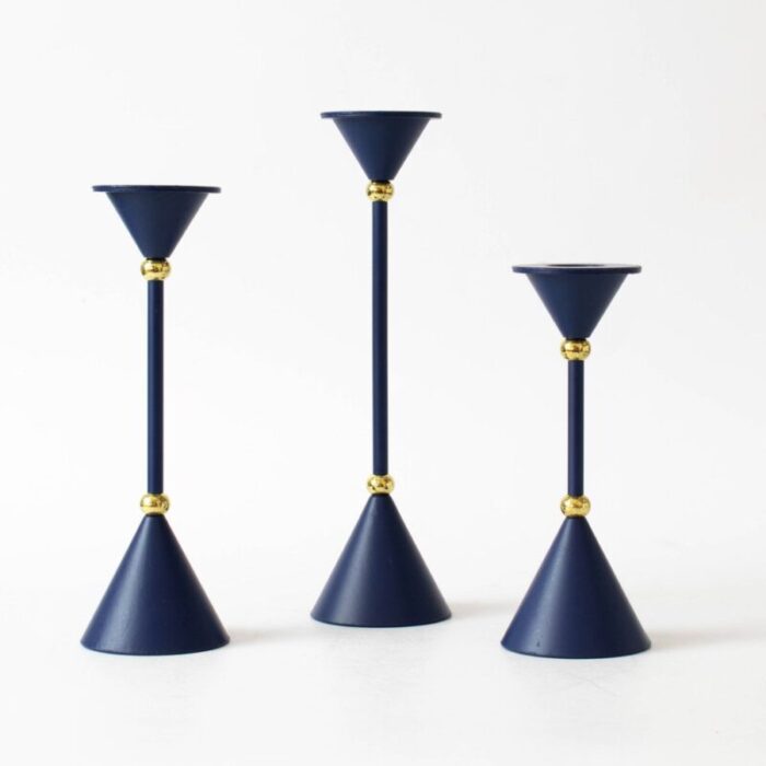 postmodern blue candleholders 1980s set of 3 1