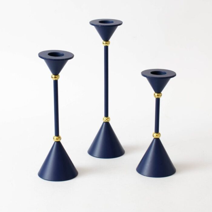 postmodern blue candleholders 1980s set of 3 2