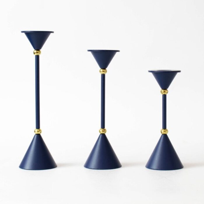 postmodern blue candleholders 1980s set of 3 5