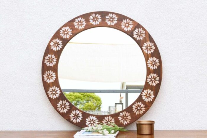 precious floral mother of pearl inlay round mirror 6155