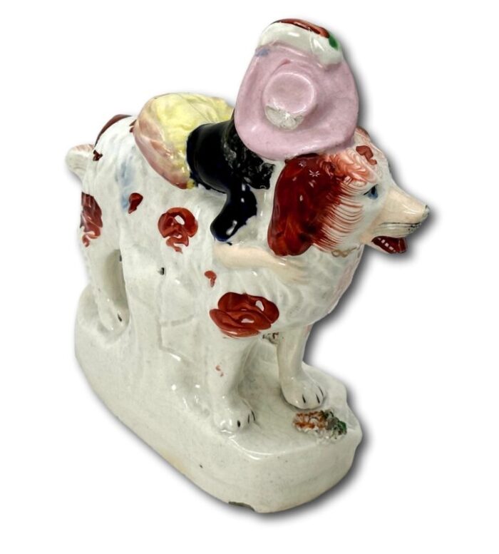 rare antique english staffordshire pottery woman riding st bernard dog figure circa mid 19th century 0903