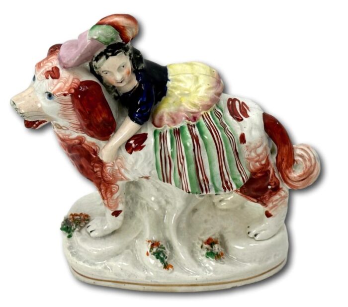 rare antique english staffordshire pottery woman riding st bernard dog figure circa mid 19th century 2043