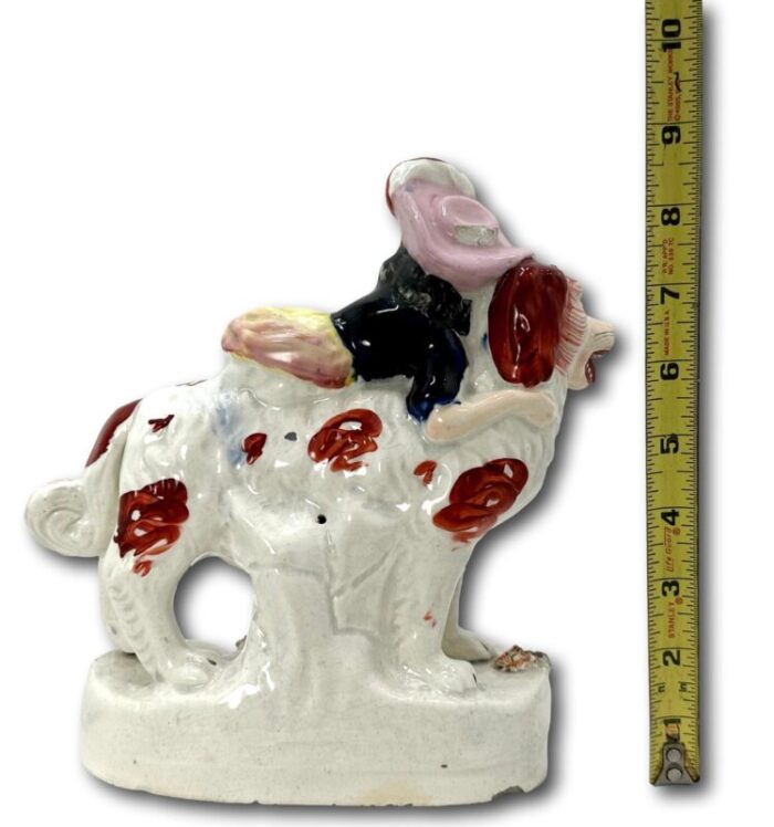 rare antique english staffordshire pottery woman riding st bernard dog figure circa mid 19th century 3405