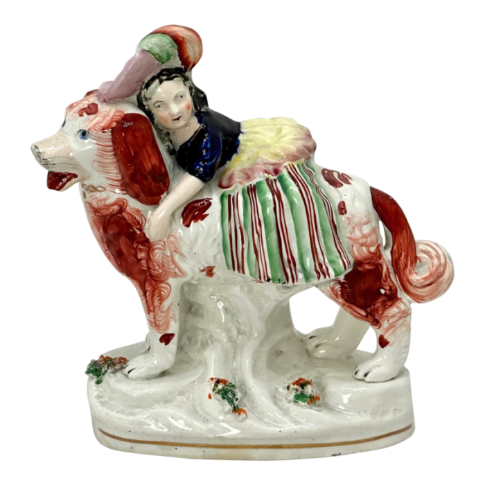 rare antique english staffordshire pottery woman riding st bernard dog figure circa mid 19th century 9483