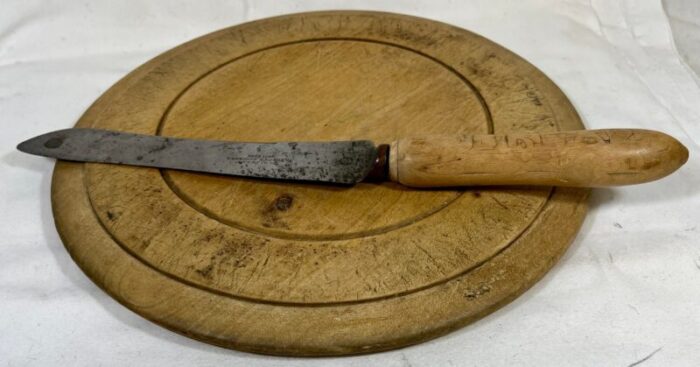 rustic antique round wooden bread board and hand carved bread knife from england circa 1875 2426