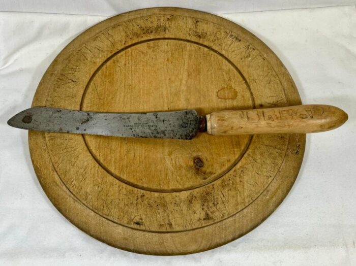 rustic antique round wooden bread board and hand carved bread knife from england circa 1875 2619