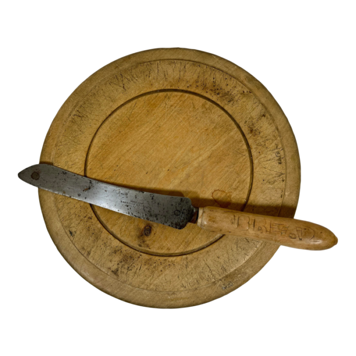 rustic antique round wooden bread board and hand carved bread knife from england circa 1875 4089