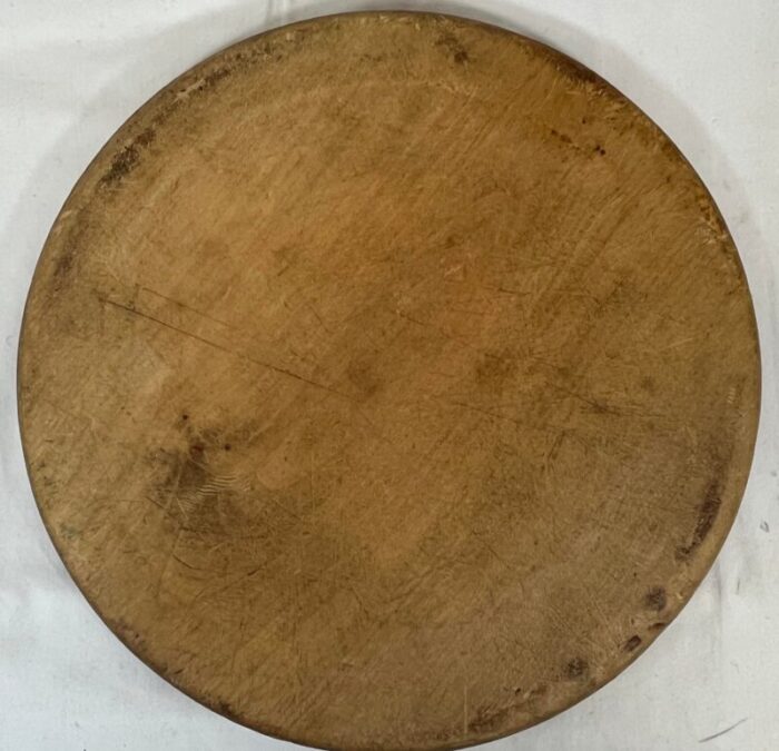 rustic antique round wooden bread board and hand carved bread knife from england circa 1875 6709