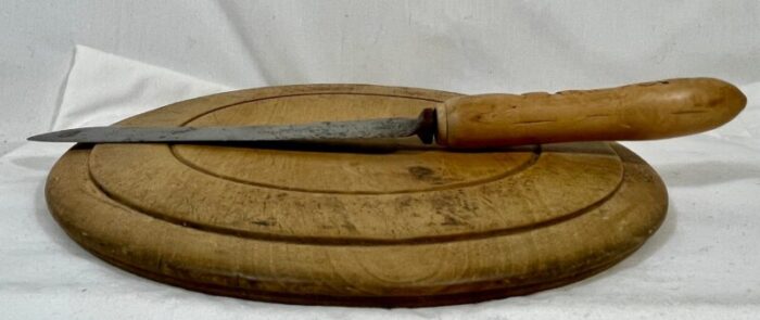 rustic antique round wooden bread board and hand carved bread knife from england circa 1875 7171