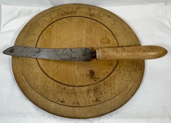 rustic antique round wooden bread board and hand carved bread knife from england circa 1875 7184