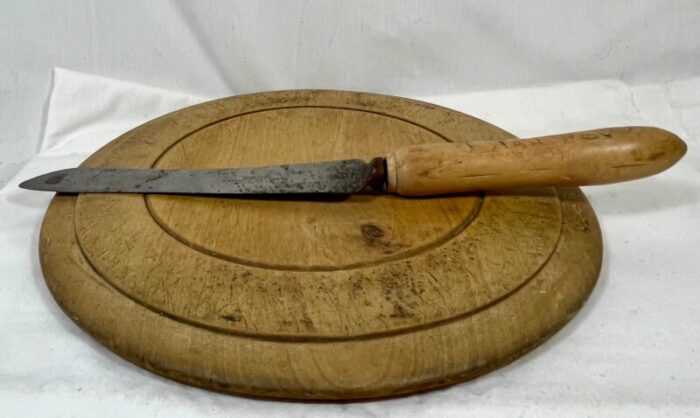 rustic antique round wooden bread board and hand carved bread knife from england circa 1875 8732